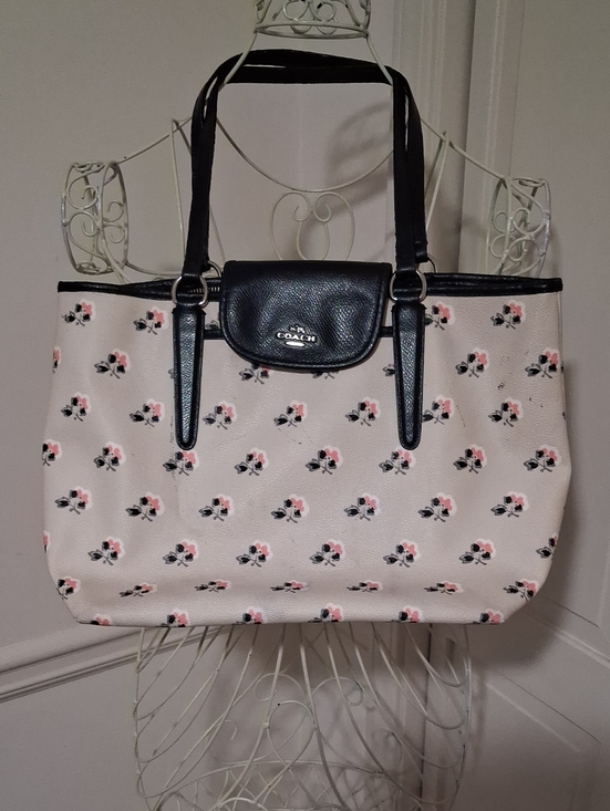 Coach Handbags - COACH Floral Print Tote Bag in Beige with Black Trim